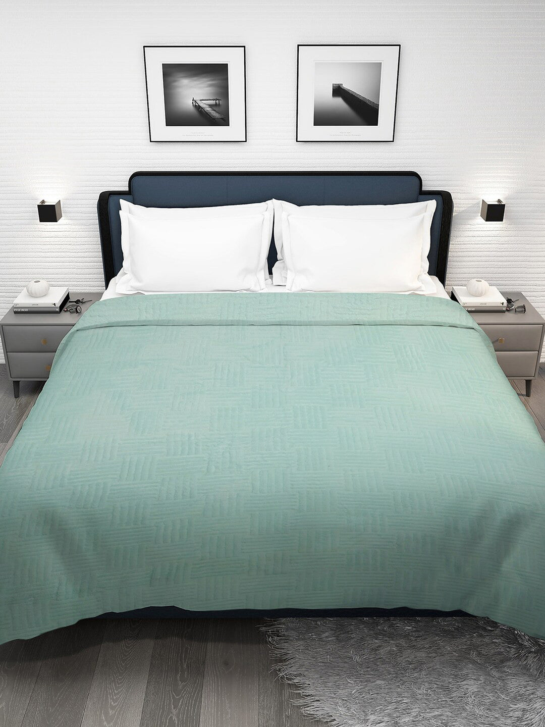 Sea green fur geometric mild winter double bed blanket