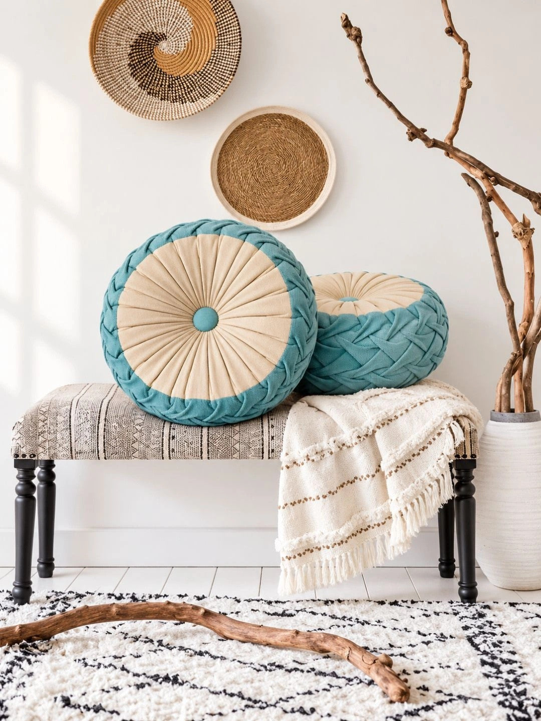 Blue round floor cushions, set of 2