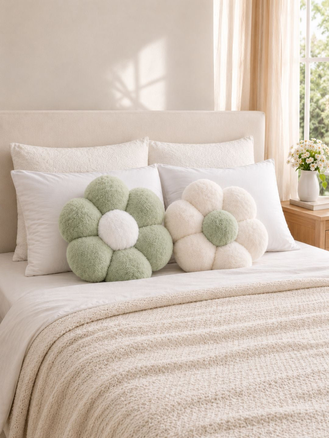 Green & white cotton round cushions, set of 2