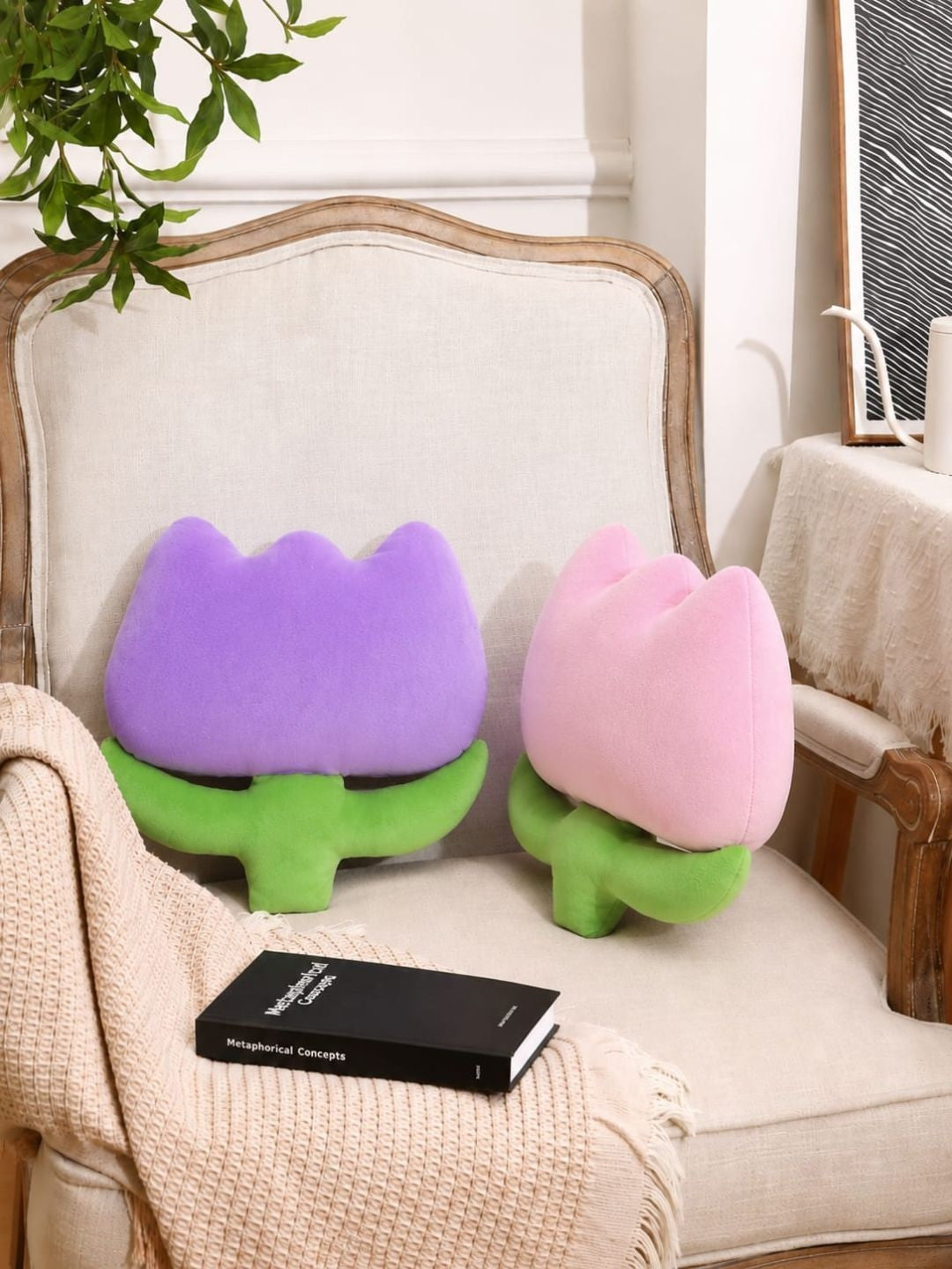 Pink velvet floral cushions, set of 2, pink & purple