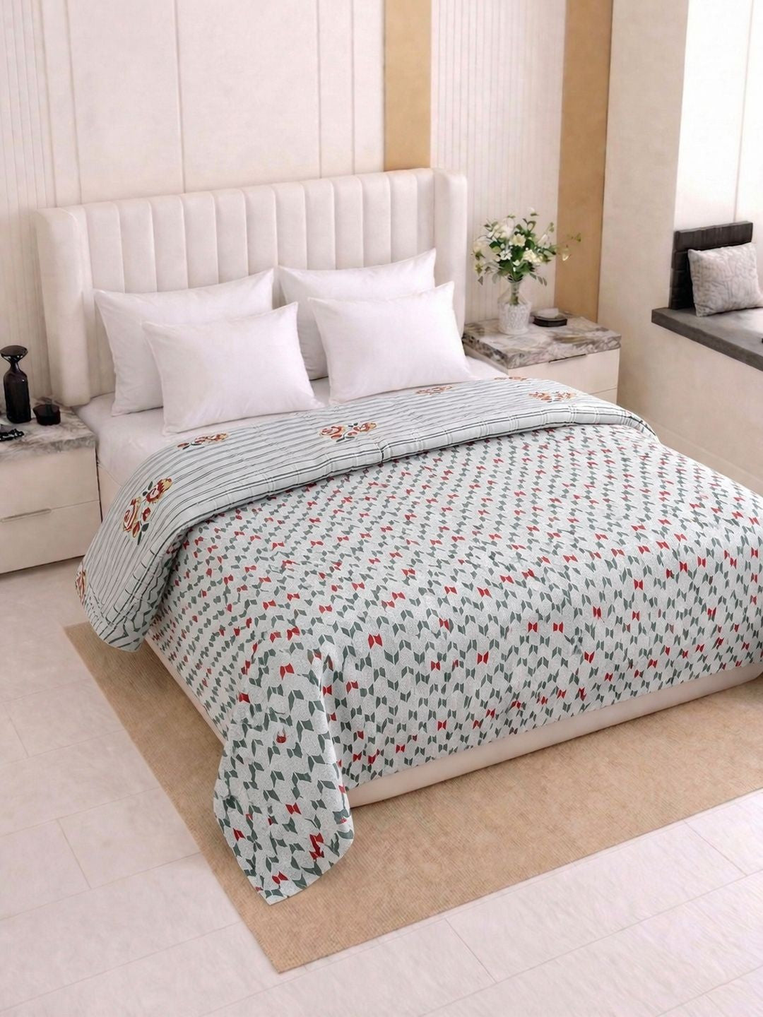 Floral stripe dohar, green & white
