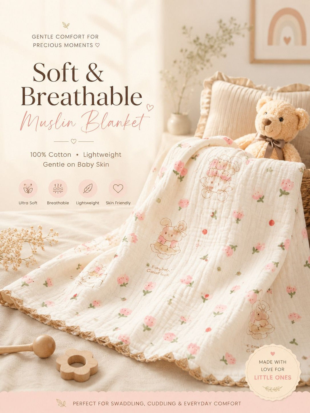Beige cartoon characters AC room blanket