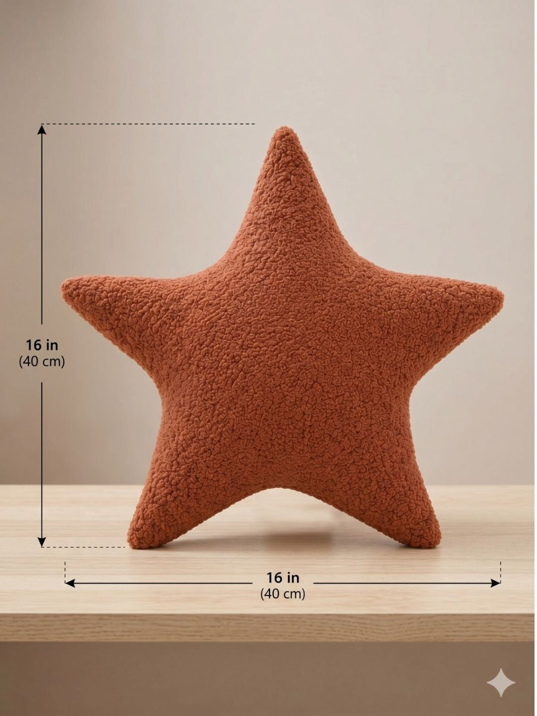 Off white & rust cotton star shape teddy plush cushions, set of 2, off white & brown