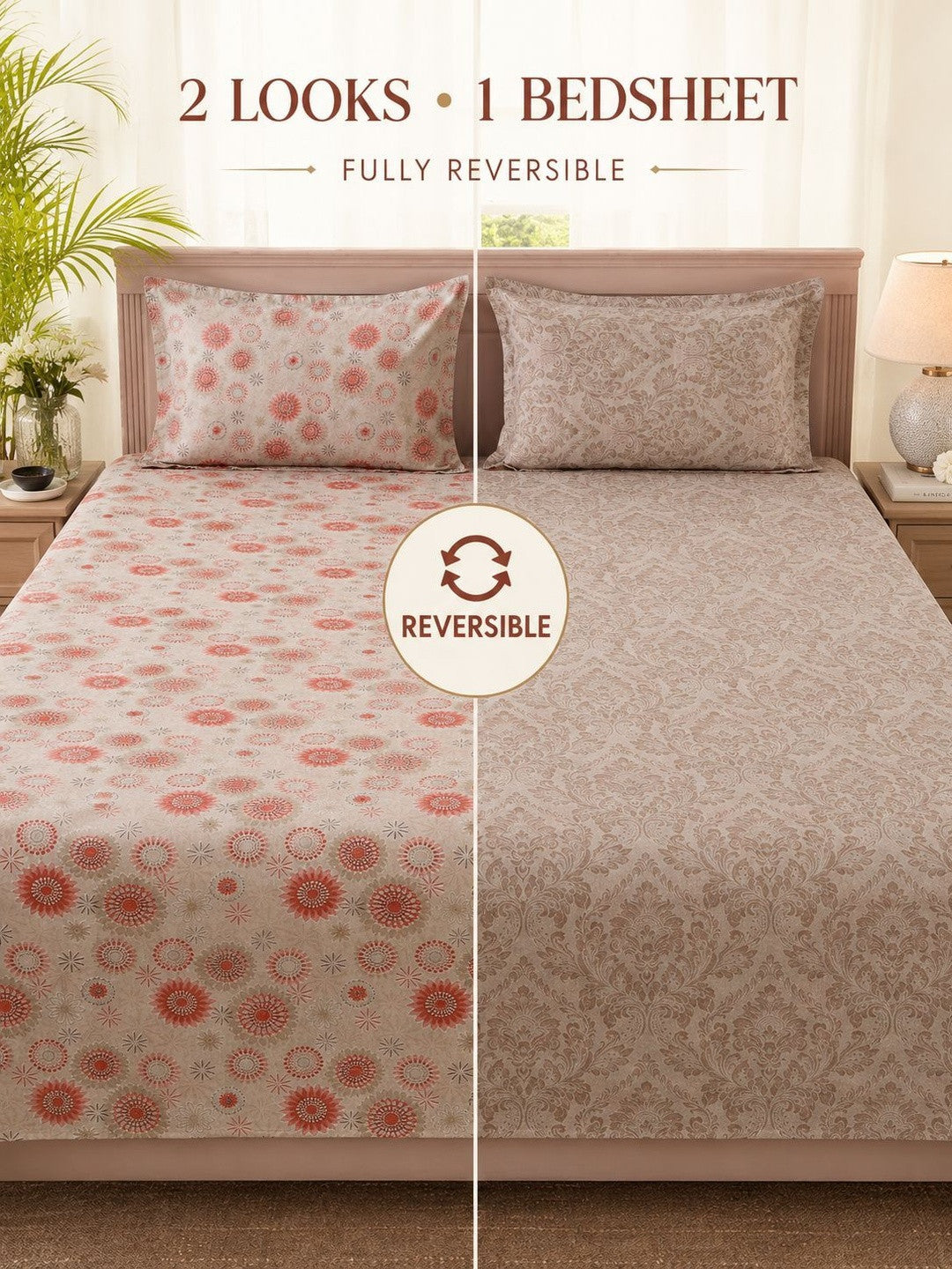 Cream-coloured & beige floral king bedsheet