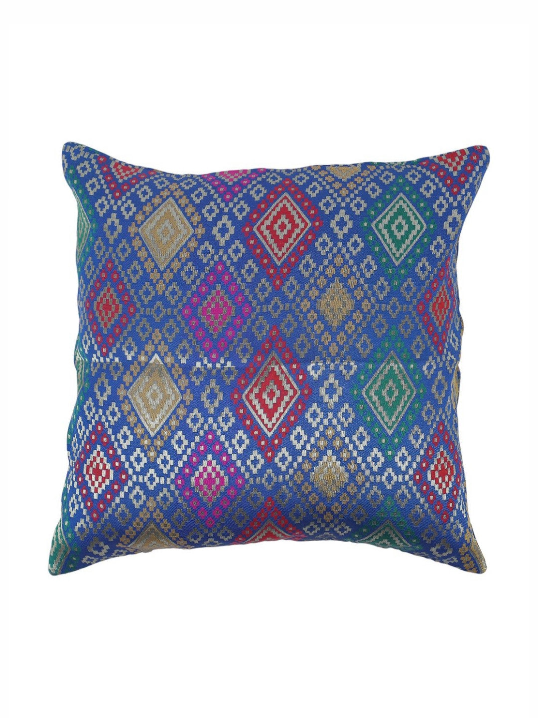 Blue & green geometric pattern silk square cushion covers, set of 4, blue & green & pink