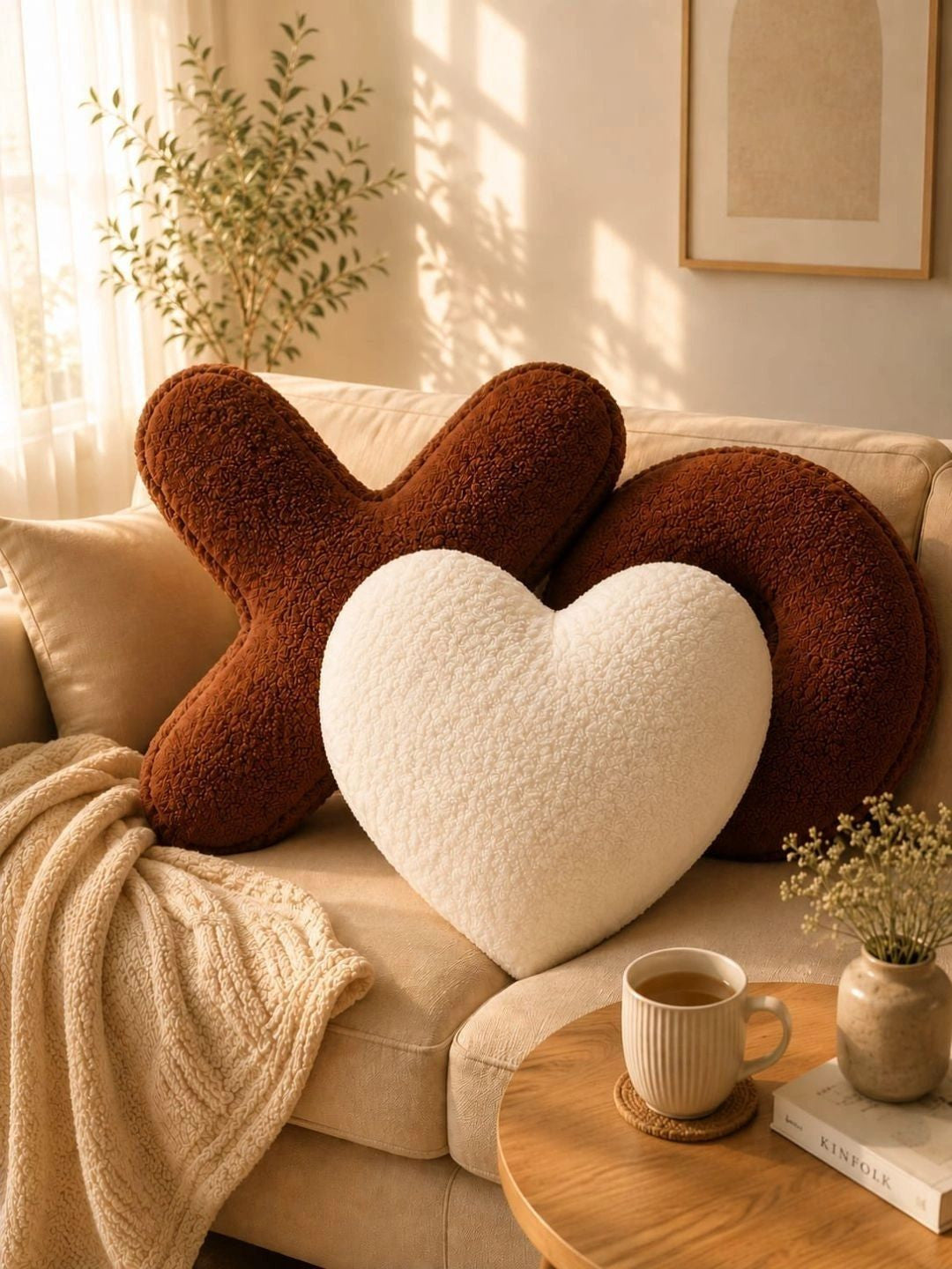 Brown & white cross heart & circle shape cushions, set of 3
