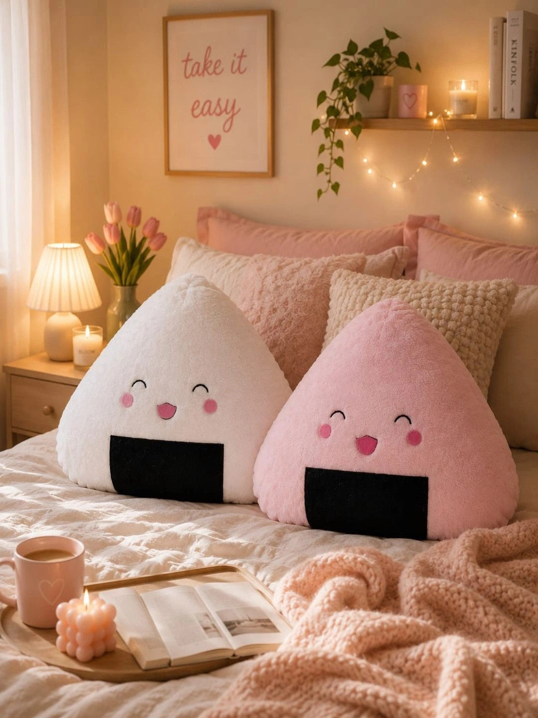 Pink & white printed floor cushions, set of 2
