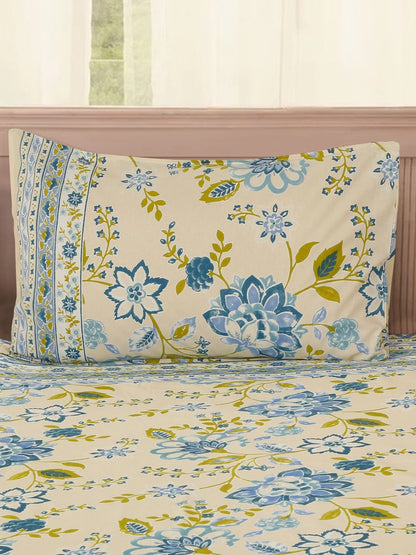 Cream-coloured & multicoloured floral king bedsheet