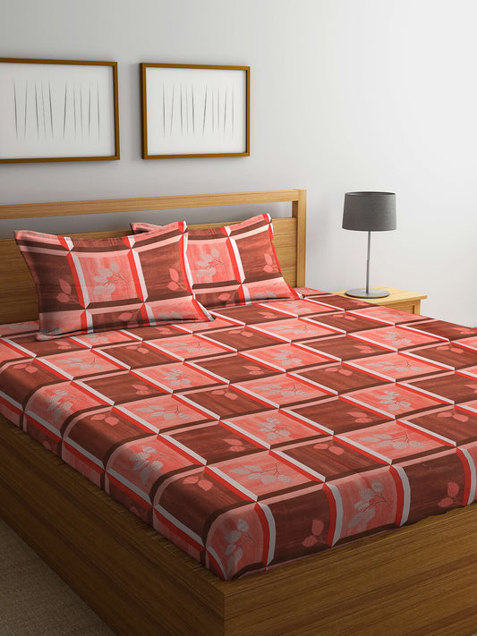 Brown checked cotton queen bedsheet, brown & peach & white