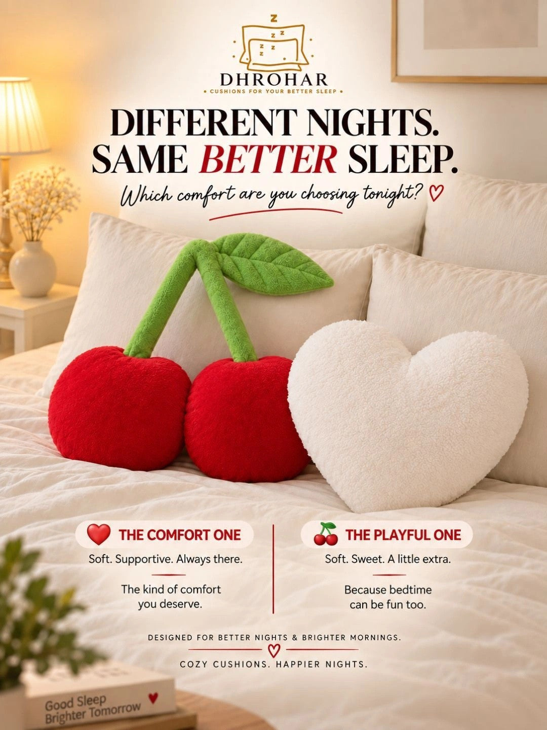 Red & white cotton plush cherry & heart shaped cushion, set of 2