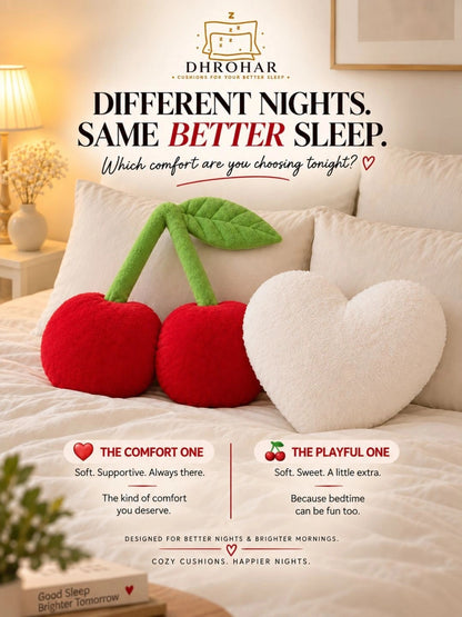 Red & white cotton plush cherry & heart shaped cushion, set of 2