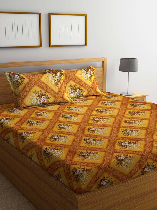 Yellow floral cotton queen bedsheet, yellow & red