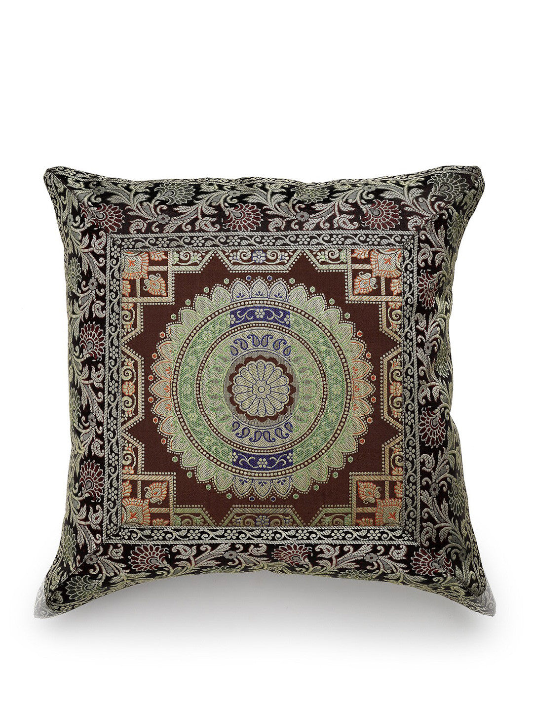 Maroon & green ethnic motifs brocade square shaped cushion covers, set of 2, marron & green