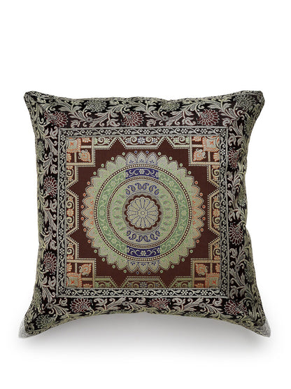 Maroon & green ethnic motifs brocade square shaped cushion covers, set of 2, marron & green