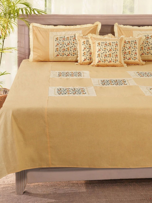 Beige floral printed cotton king bedsheet set