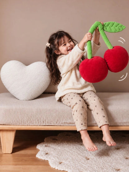 Red & white cotton plush cherry & heart shaped cushion, set of 2