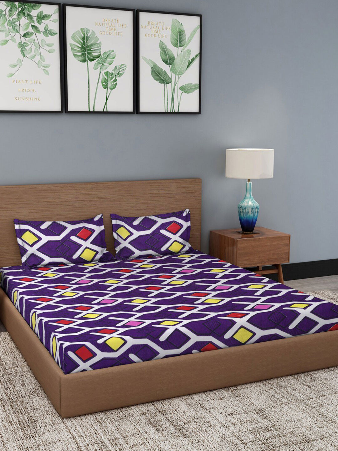 Purple geometric cotton king bedsheet, purple & red
