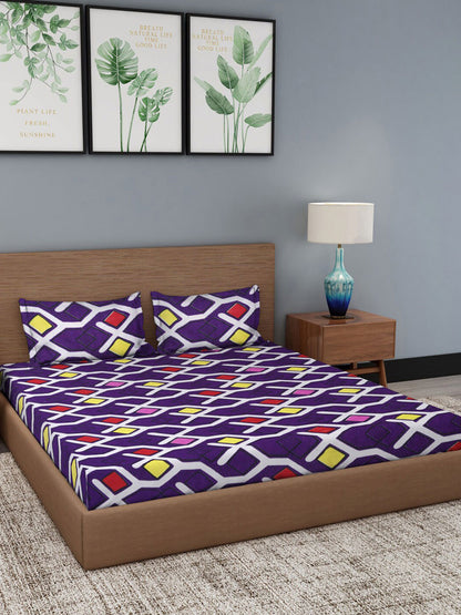 Purple geometric cotton king bedsheet, purple & red