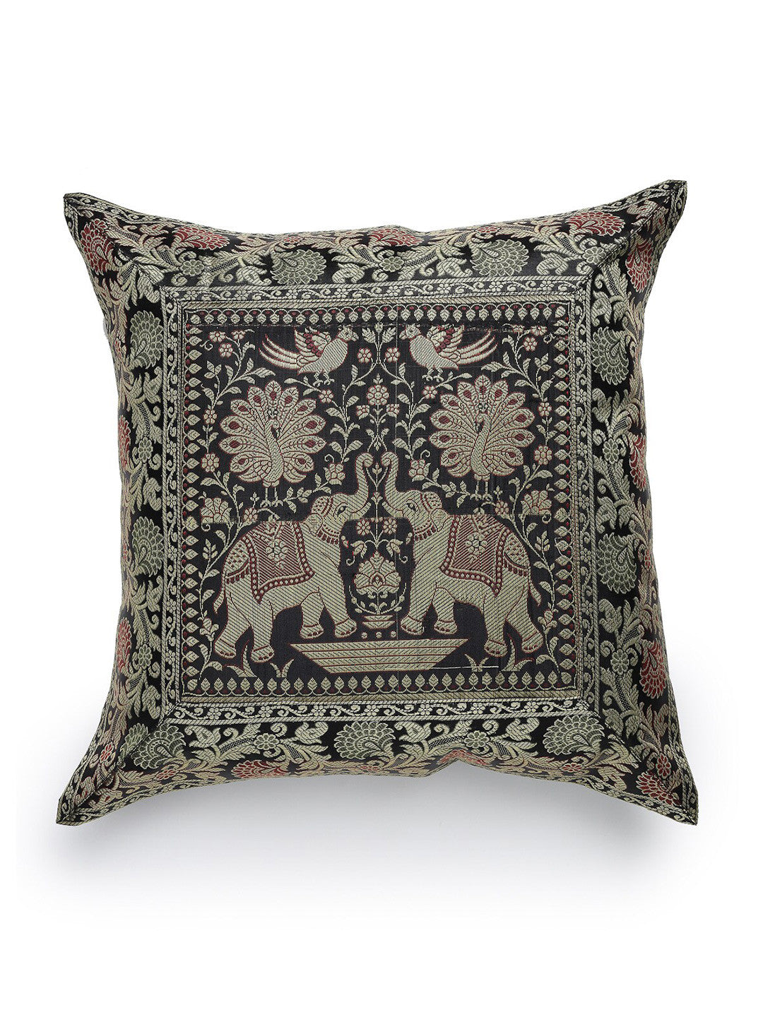 Blue ethnic motifs brocade zari square cushion covers, set of 2, green & blue