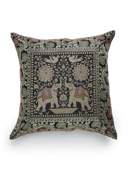Blue ethnic motifs brocade zari square cushion covers, set of 2, green & blue