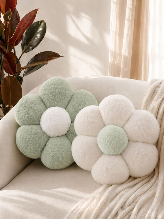 Green & white cotton round cushions, set of 2