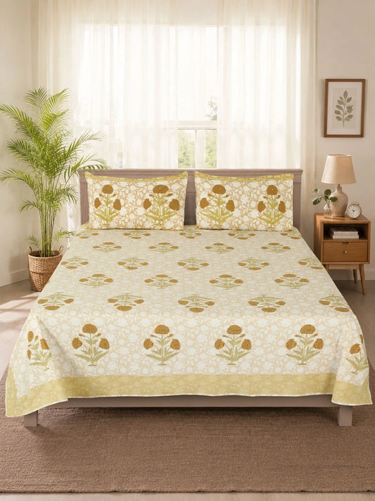Cream-coloured & gold-toned floral king bedsheet
