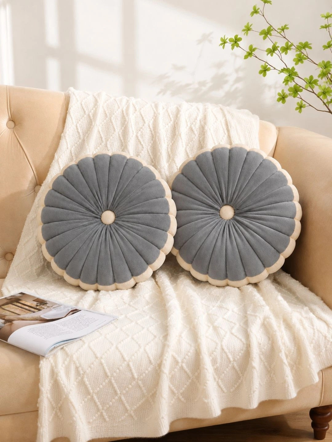 Grey velvet round pleated cushions, set of 2