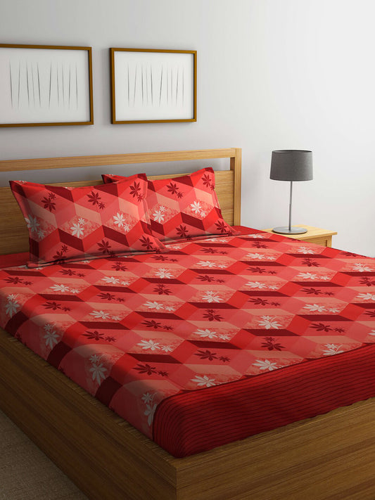 Orange floral cotton queen bedsheet, orange & brown