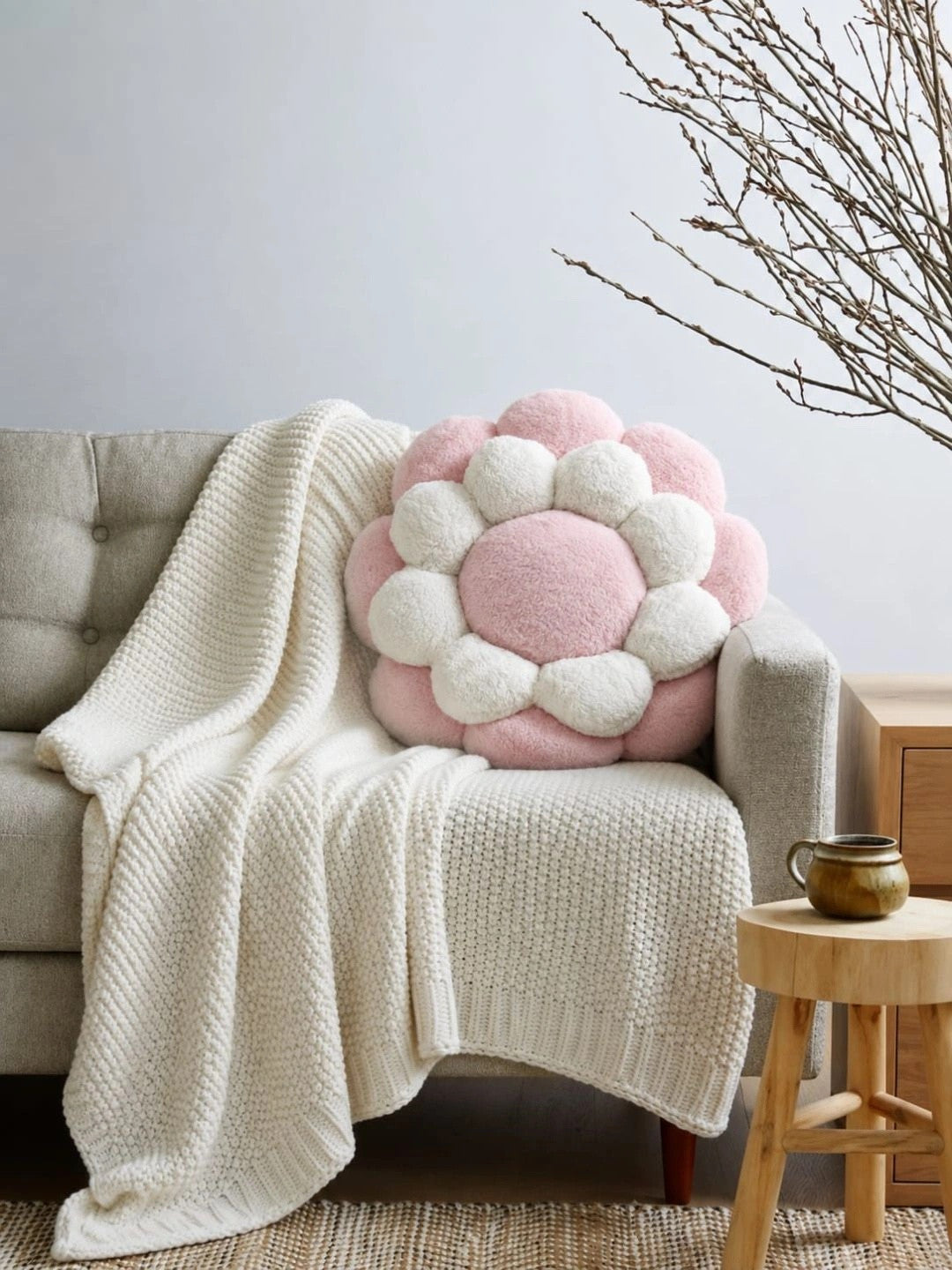 Pink & white cotton round floor cushions