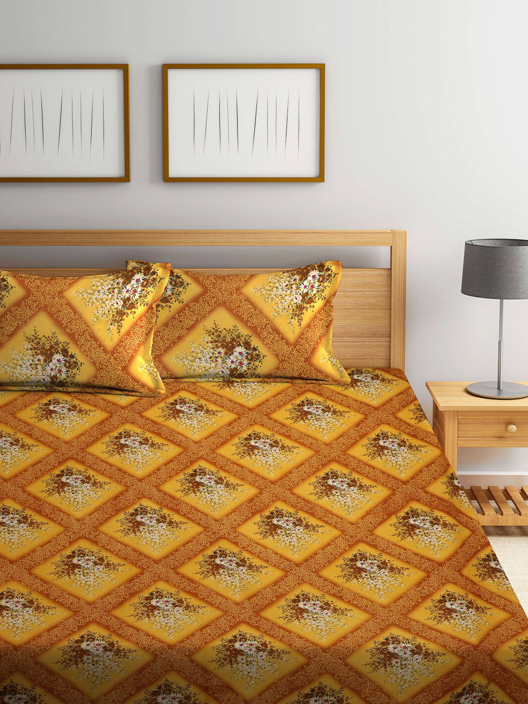 Yellow floral cotton queen bedsheet, yellow & brown