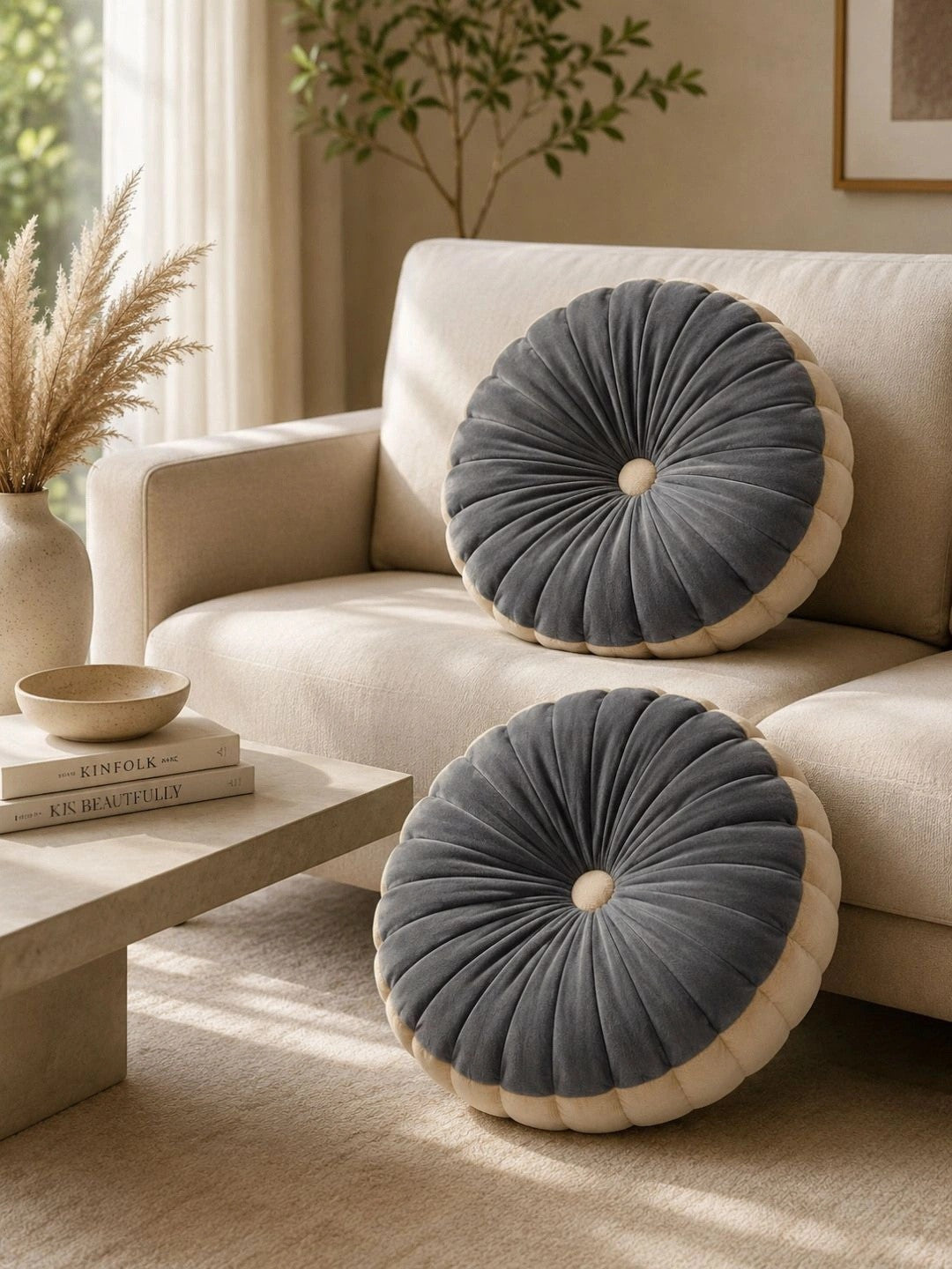 Grey velvet round pleated cushions, set of 2