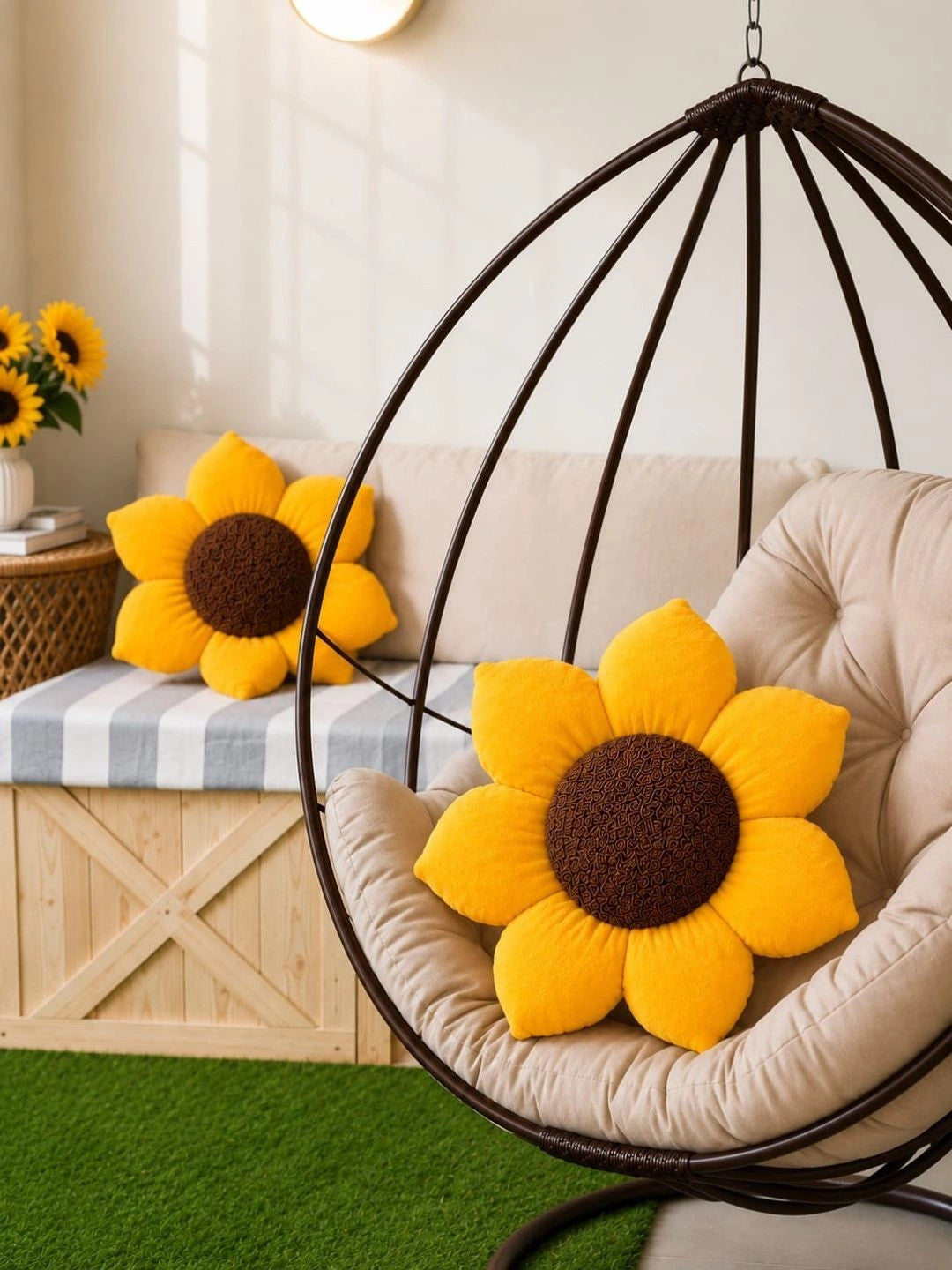 Yellow cotton round cushions, set of 2