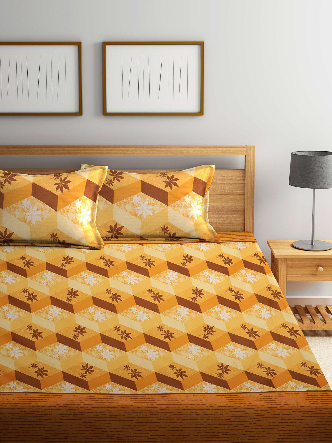 Yellow floral cotton queen bedsheet, yellow & brown & white
