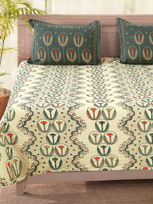 Cream-coloured & green floral king bedsheet