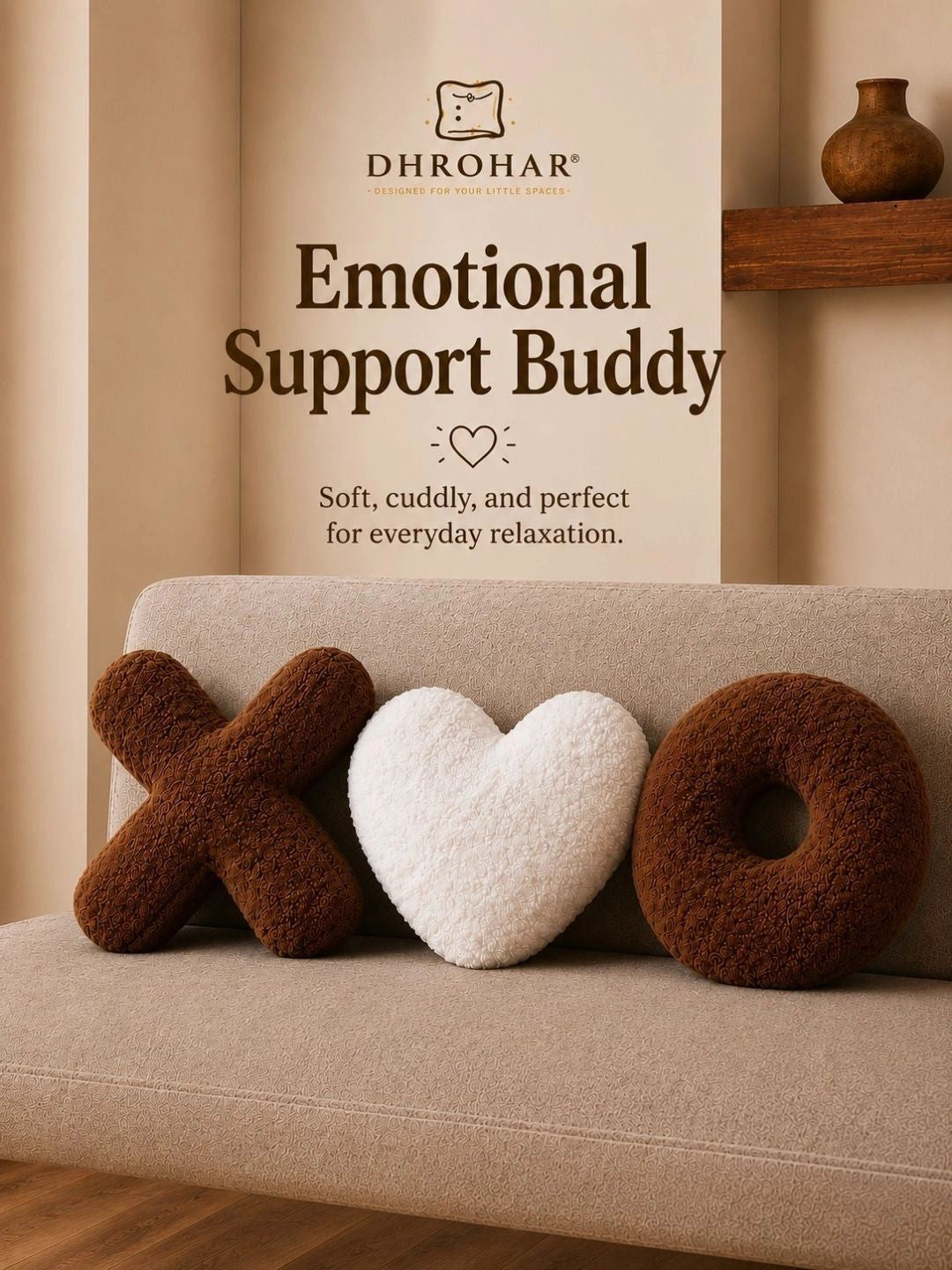 Brown & white cross heart & circle shape cushions, set of 3