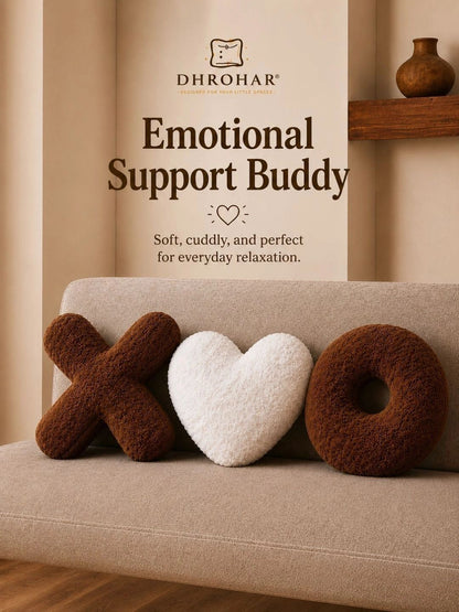 Brown & white cross heart & circle shape cushions, set of 3