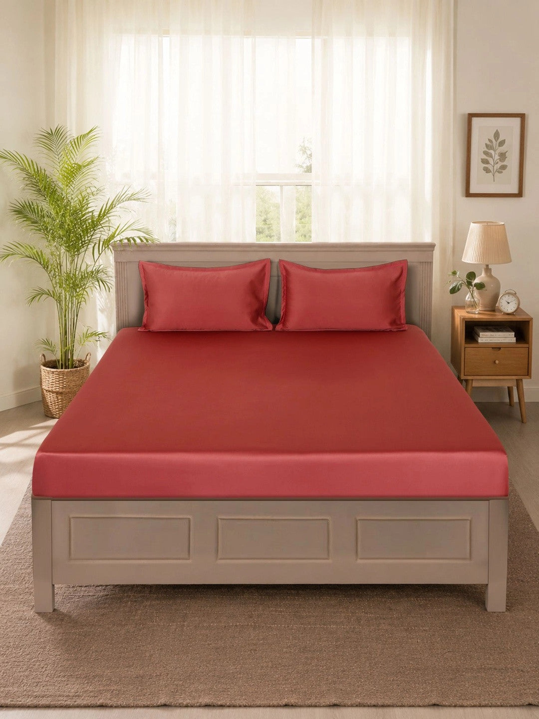 Red solid king size satin bedsheet, maroon