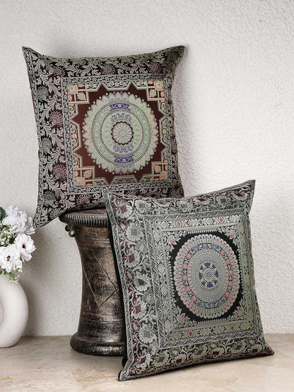 Maroon & green ethnic motifs brocade square shaped cushion covers, set of 2, marron & green