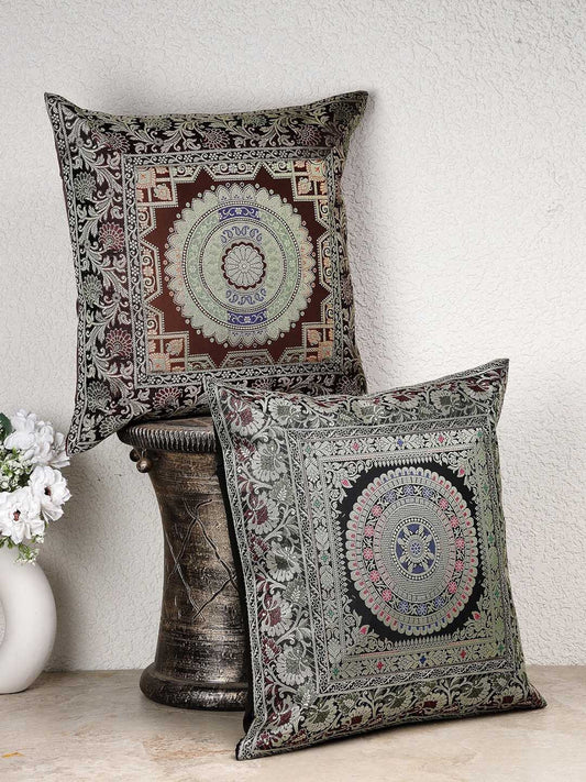 Maroon & green ethnic motifs brocade square shaped cushion covers, set of 2, marron & green