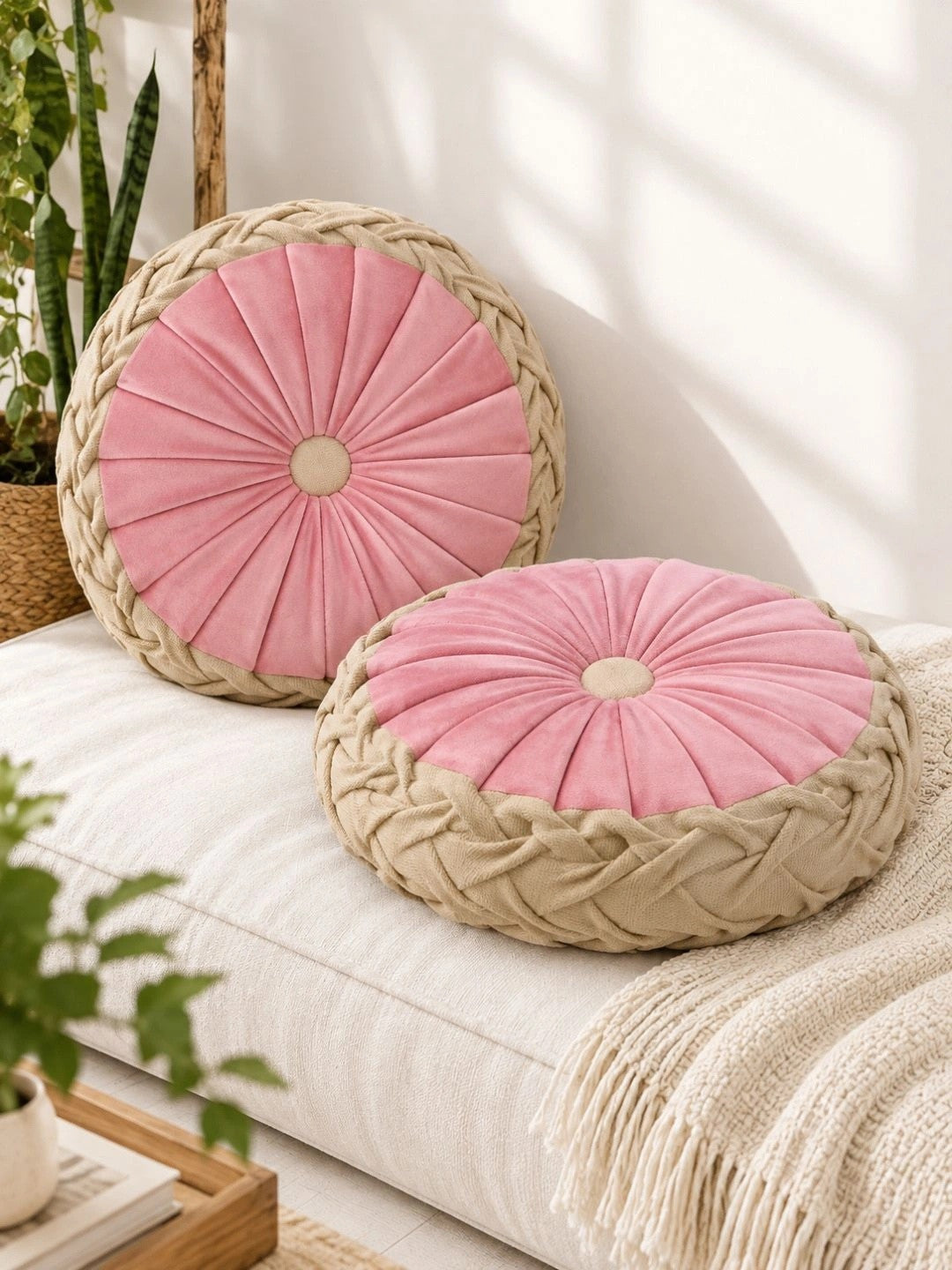 Beige round floor cushions, set of 2