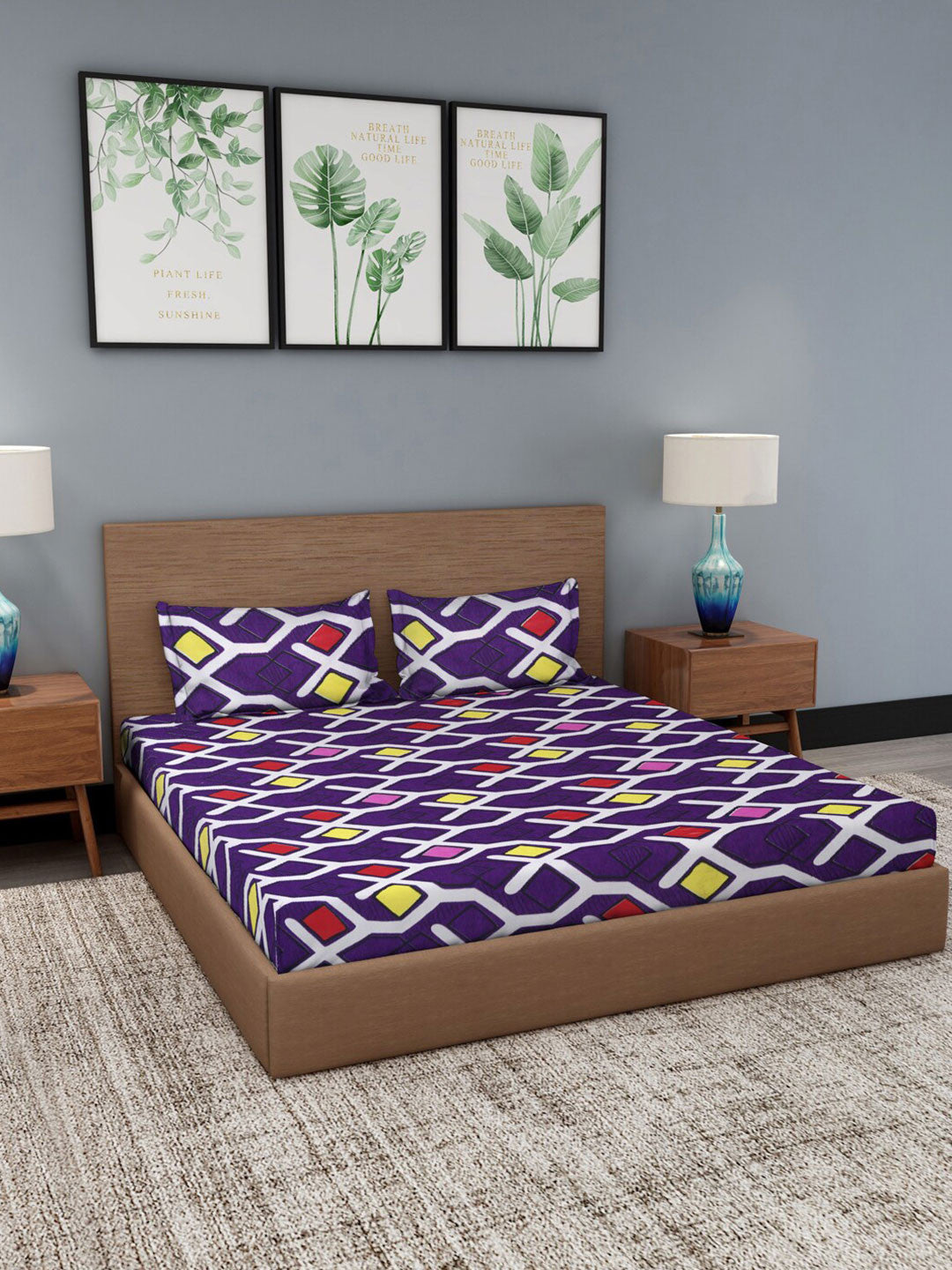 Purple geometric cotton king bedsheet, purple & red