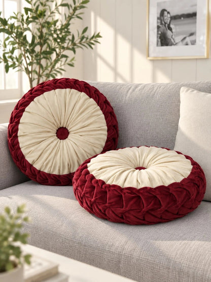 Maroon round floor cushions, set of 2