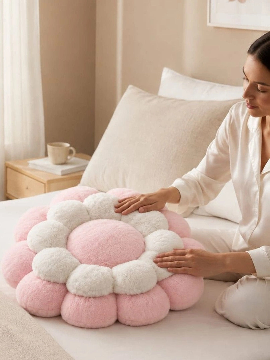 Pink & white cotton round floor cushions