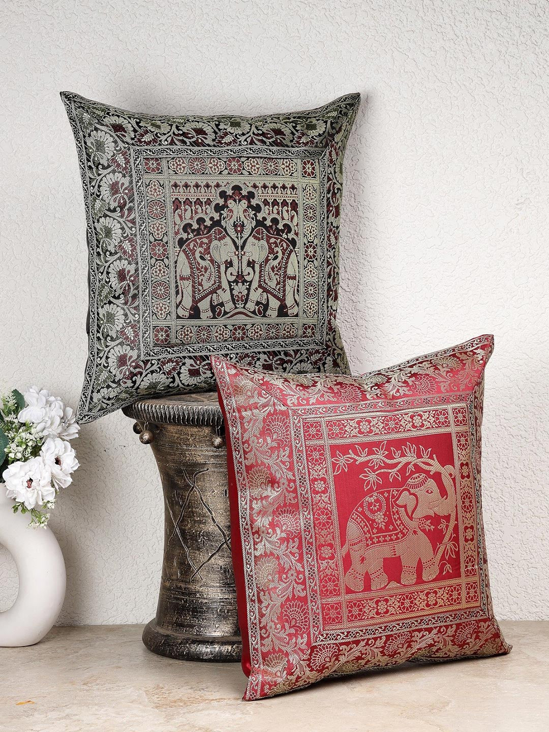Green & red ethnic motifs brocade square shaped cushion covers, set of 2