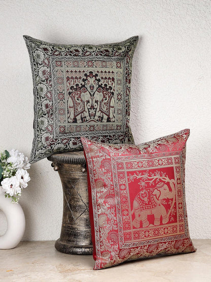 Green & red ethnic motifs brocade square shaped cushion covers, set of 2