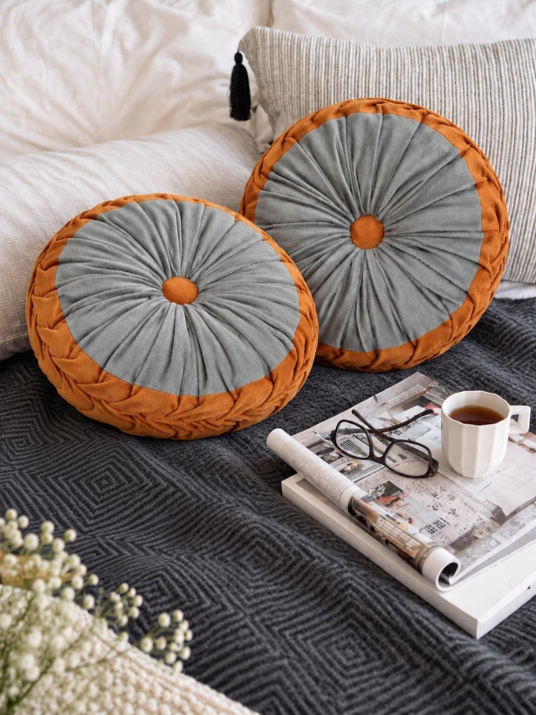 Brown round floor cushions, set of 2
