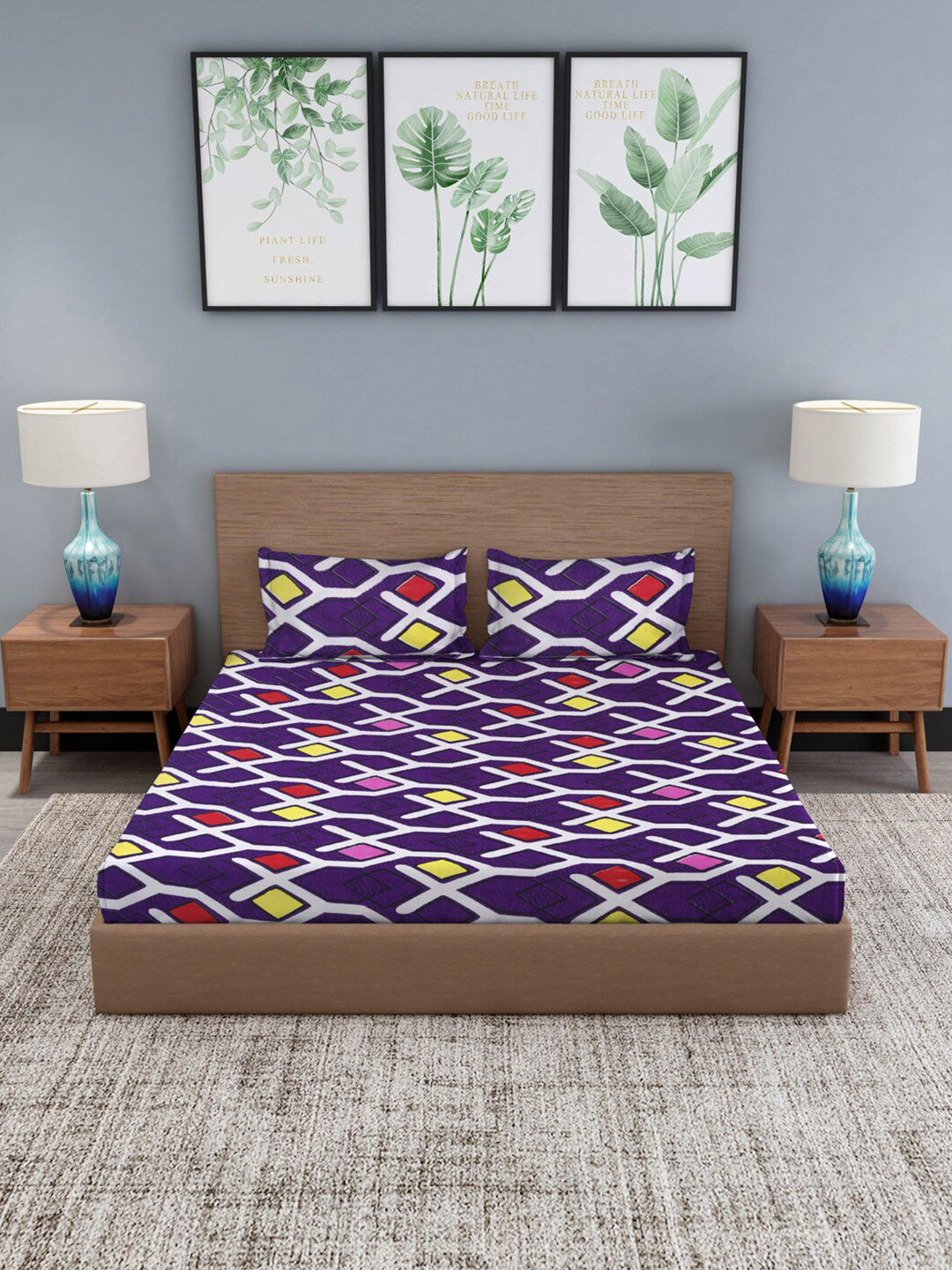 Purple geometric cotton king bedsheet, purple & red