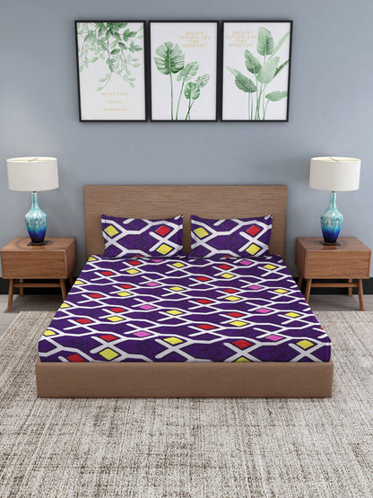 Purple geometric cotton king bedsheet, purple & red