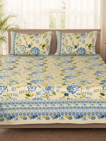 Cream-coloured & multicoloured floral king bedsheet