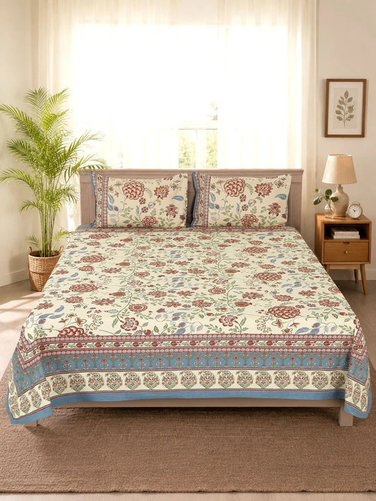 Cream-coloured & red floral king bedsheet